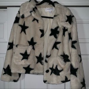 Popsugar Star Print Faux Fur Coat Black & White